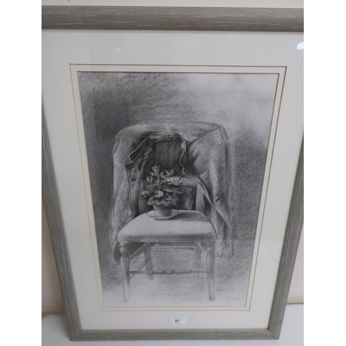41 - D.T 90, still life study of a bedroom chair, with jacket and potted plant, pencil (70cm x 51cm)