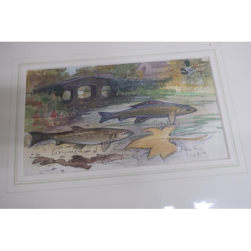 44 - Peter Partington, Fishes, and Keble Barn, unframed watercolours, signed (13cm x 23cm) 2