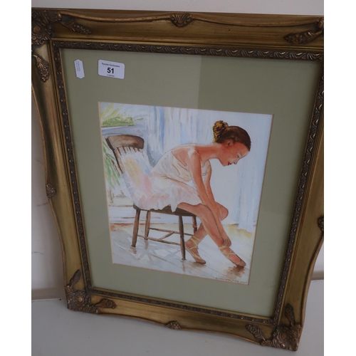 51 - Gilt framed watercolour of a ballerina by R. J. Williams 2007 (44.5cm x 54.5cm including frame)