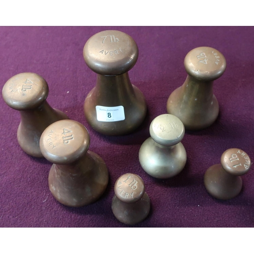 8 - Selection of seven various assorted Avery brass weights including 1lb, 2lb, 4lb and 7lb