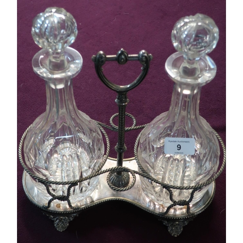 9 - Silver plated two sectional decanter stand with two cut glass decanters