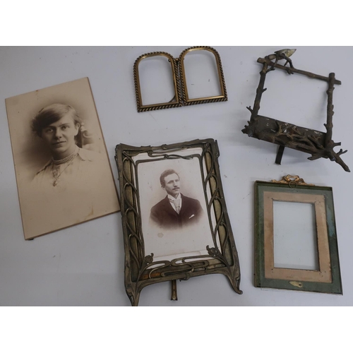 198 - Cast metal wood effect photograph frame with bird detail, brass framed and various other Victorian a... 