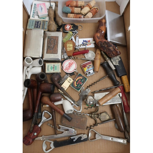 26 - Collection of various wood and clay pipes, corkscrews, lighters, bottle stoppers etc