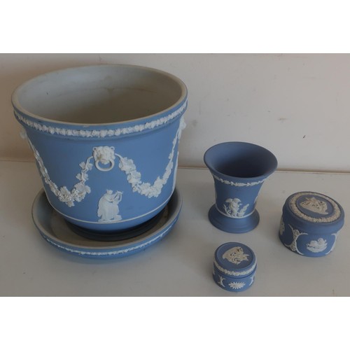 65B - Wedgwood blue jasperware jardiniere and stand and three other pieces of Wedgwood