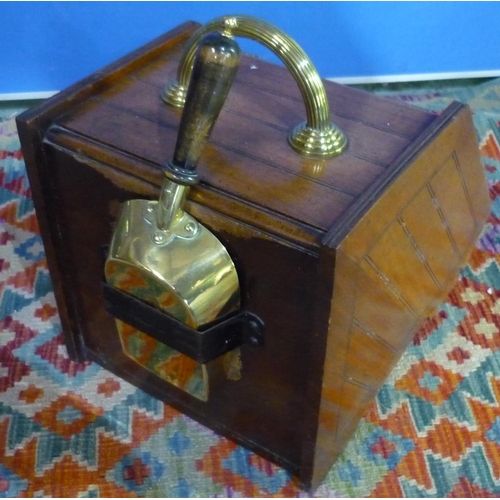 80 - Edwardian mahogany slope front coal box with brass handle and coal shovel and panelled detail to the... 