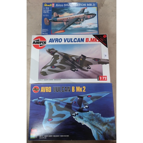 61 - Two Airfix 1:72 scale Avro Vulcan airplane model kits and a Revell Avro Shackleton airplane model ki... 