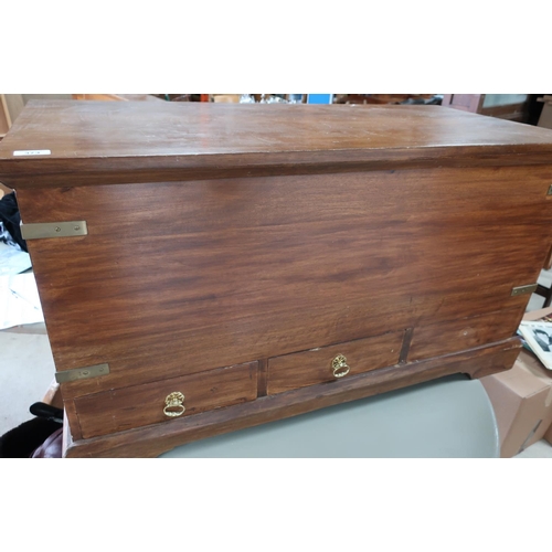 373 - Hardwood rectangular blanket type box with hinged top, twin brass carrying handles and corner mounts... 