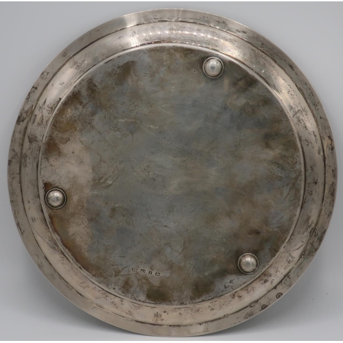 395 - Victorian silver circular tray with engraved floral detail, inscribed to the centre 