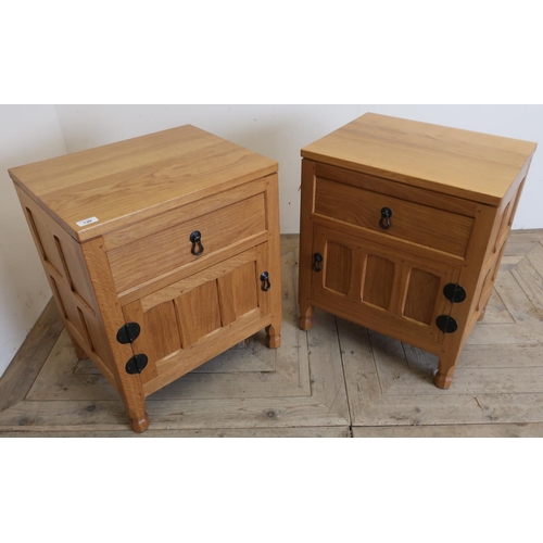 139 - Pair of Yorkshire oak craftsman made Mouseman style bedside cabinets with single drawer above panell... 