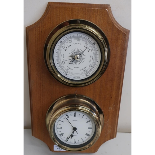 412 - Oak wall mounted bulkhead style brass clock and barometer