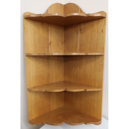 134 - Yorkshire oak craftsman made four tier wall mounted open corner unit (height 79cm) (carved by Brian ... 