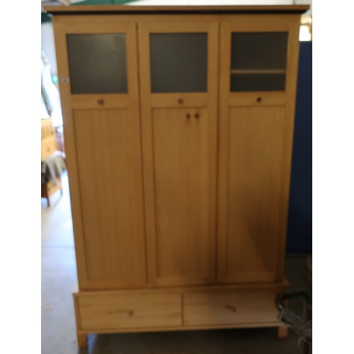 406 - Ikea type light wood triple door wardrobe with two drawers to the base (125cm x 54cm x 188cm)