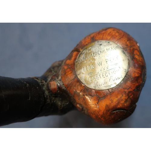 12 - 19th C Irish Shillelagh wooden club inset with white metal engraved presentation disk inscribed 'Pre... 