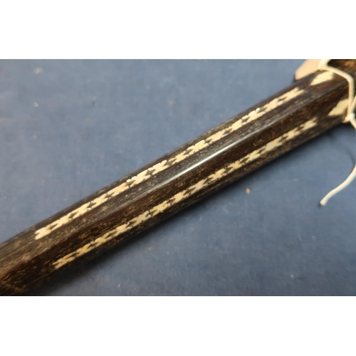 40 - Late 19th C hardwood walking cane with inlaid Mother of Pearl detail (overall length 87cm)
