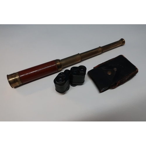 3 - Small brass and wooden bound three drawer telescope and a leather cased pair of G.Fournier of Paris ... 