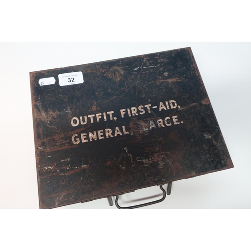 32 - Military issue black japped metal First Aid box from the Army medical store, Form 84, the top marked... 