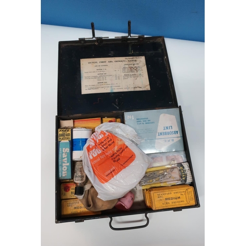 32 - Military issue black japped metal First Aid box from the Army medical store, Form 84, the top marked... 