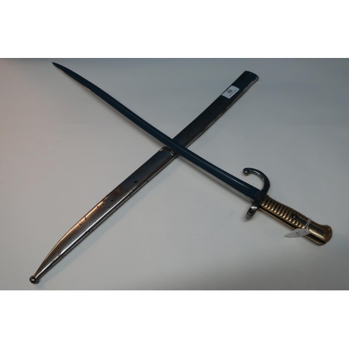 53 - French chassepot bayonet with 22 1/2 inch blade , ribbed brass grip crosspiece, the quillion stamped... 