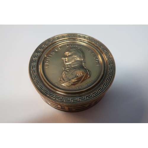 7 - Admiral Lord Nelson commemorative circular brass tobacco box with bust to the top with Birthday 29th... 