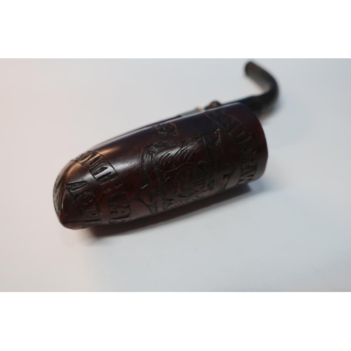 8 - Carved burr wood Boer War commemorative pipe with white metal collar marked Sphir, the bowl with car... 