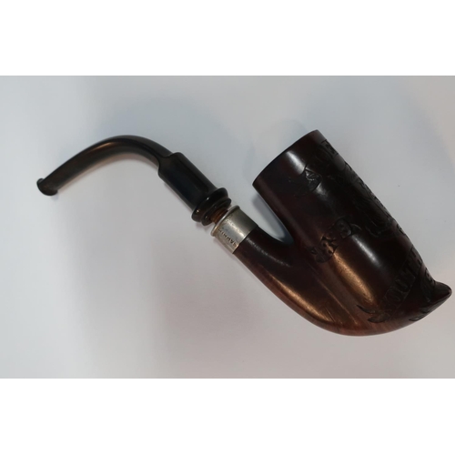 8 - Carved burr wood Boer War commemorative pipe with white metal collar marked Sphir, the bowl with car... 