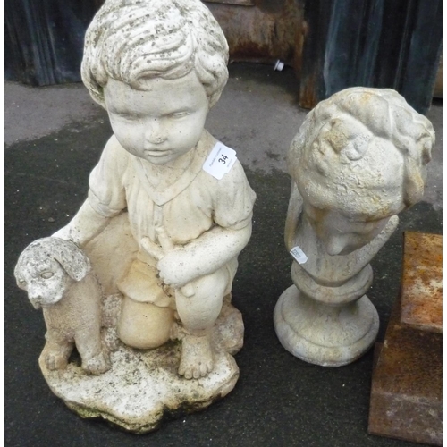 34 - Garden ornament in the shape of a young boy with pet dog, and a bust of a female figure