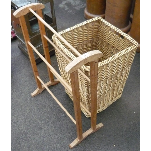 48 - Pine towel rack and a wicker laundry basket