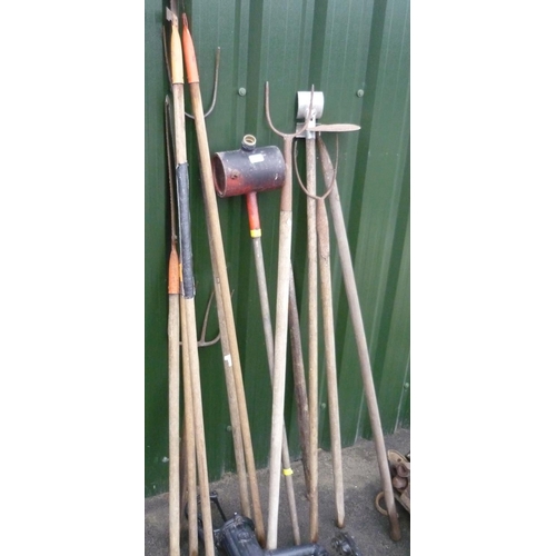 5 - Set of garden tools including forks, pitch fork, long handled pruning saws, heather burner etc