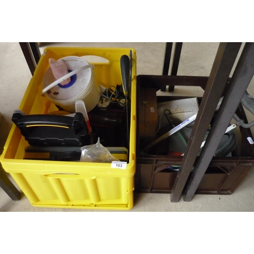 103 - Two boxes containing a collection of tools including drills, woodworking tools, saws etc