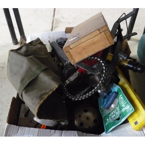 105 - Box containing a collection of tools including an inspection lamp, grease gun, foot pump, hammer etc