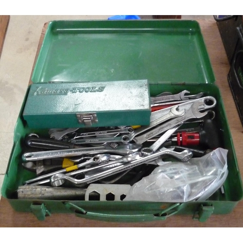 114 - Metal toolbox containing a selection of tools including spanners, screwdrivers etc, and a socket set