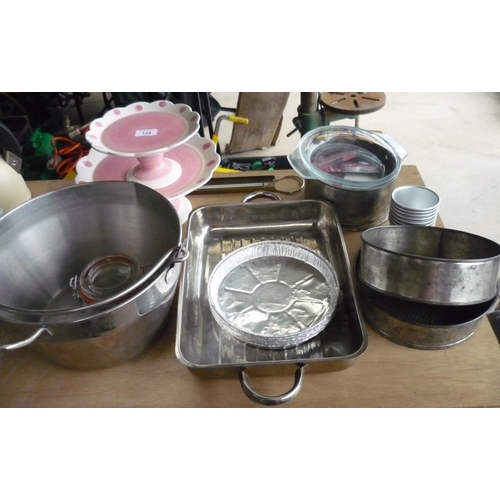 124 - Collection of baking equipment including jam pan, baking tray, cake dishes and cake stands