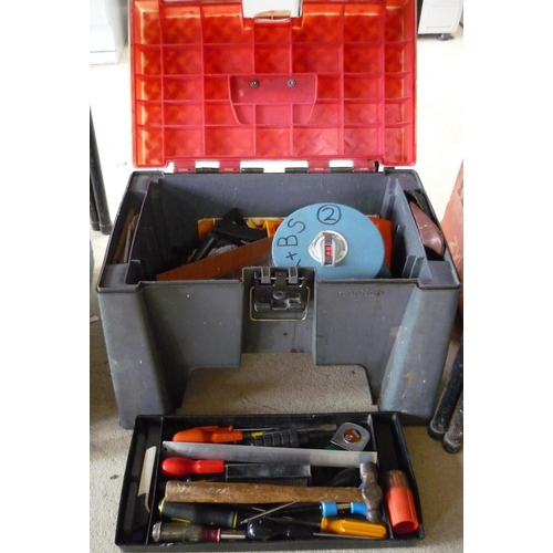 112 - Tool box/seat containing a quantity of tool including hammers, chisels, screwdrivers, saws etc