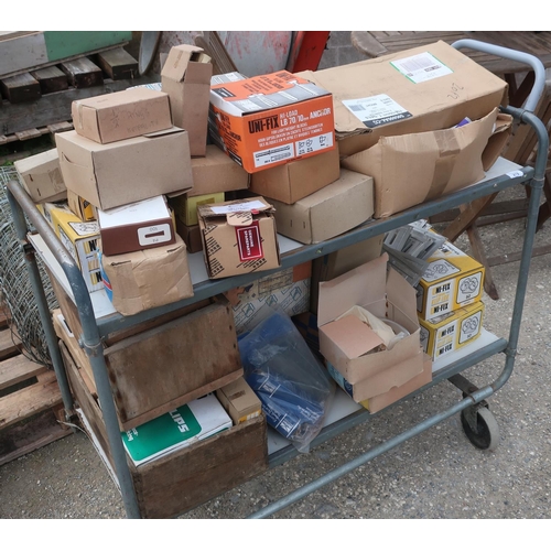 278 - Large quantity of boxed fixings,  high low anchor 10m, screws, vent covers, door handles etc (trolle... 