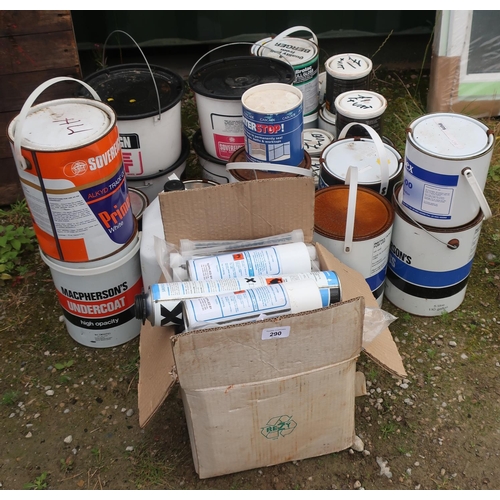 290 - Large quantity of paints of various colours, box of expanding foam and spray paints etc