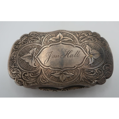 16 - Victorian hallmarked silver shaped rectangular vinaigrette with floral engraved detail and name 'Jan... 