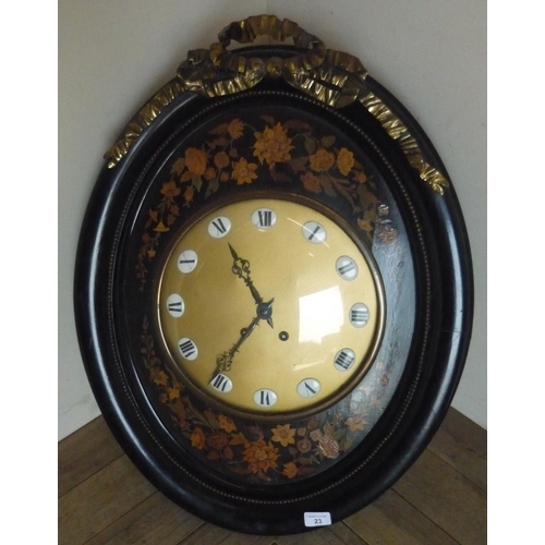 23 - Large 19th C oval ebonised framed wall clock with gilt painted dial and white porcelain numbers, mou... 