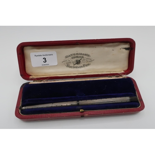 3 - Waterman's fountain pen, silver line and dot decorated case hallmarked London 1910, with screw off n... 