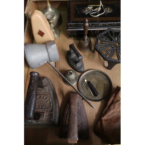 41 - Albert flat iron, another flat iron, small flat iron, vintage cash-box, three vintage metal bells, t... 