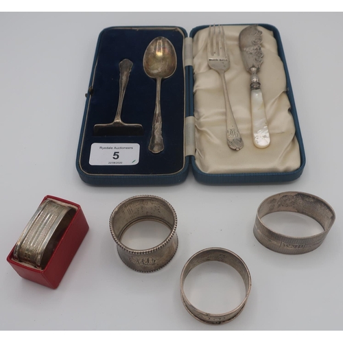 5 - Collection of Victorian and later silver, including cased spoon and pusher, four napkin rings, butte... 