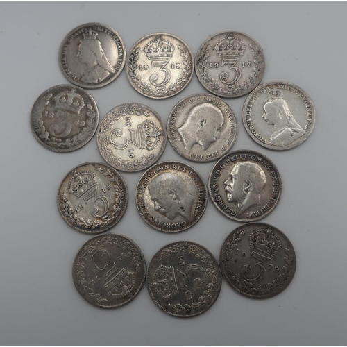 58 - Enamelled Victorian crown 1844; thirteen pre-1920 silver 3d, twelve post-1920 3d and a George VI far... 