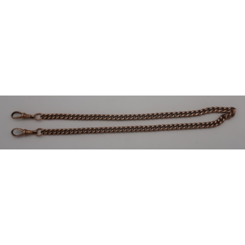 8 - 9ct curb link watch chain with unmarked T-bar and fob. Each link stamped 9, 42cm long, 18.1g