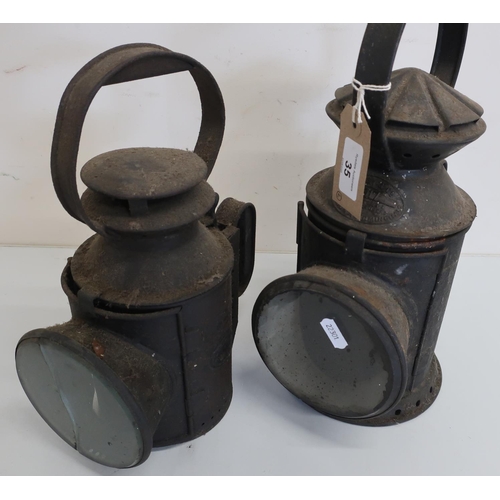 35 - Linley & Co 1917 twin lens railway lamp (47cm) and a similar lamp by G Polkey Ltd with burner (31cm)... 