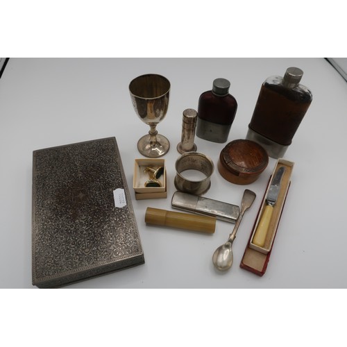 21 - Two silver plated and leather covered glass hip flasks, other EPNS ware including cigarette box, sma... 