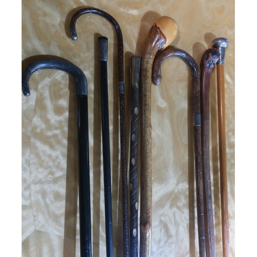 47 - Four silver hallmarked mounted walking sticks and canes, another with horn handle, two rustic wooden... 