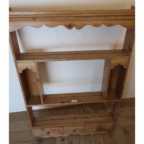 113 - Vintage pine three tier wall rack, with three spice drawers (63cm x 102cm)