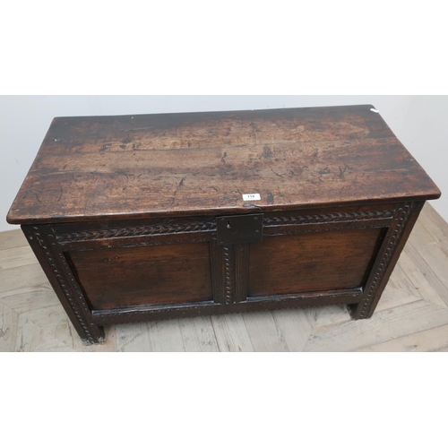 119 - Small early 18th C oak coffer, with planked top, two paneled front and carved frieze (94cm x 48cm x ... 