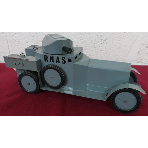 11 - Hand made tin plate scale model of a WW1 RNAS Armoured Car, C. 79, grey body with swivel turret and ... 
