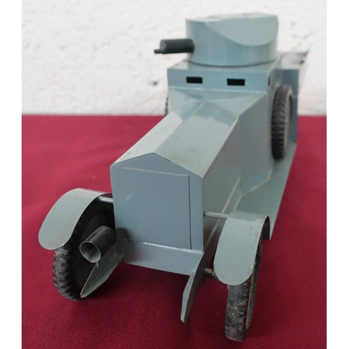 11 - Hand made tin plate scale model of a WW1 RNAS Armoured Car, C. 79, grey body with swivel turret and ... 