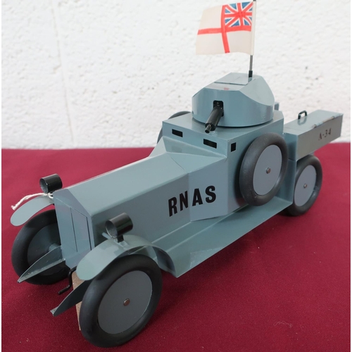 12 - Hand made tin plate scale model of a WW1 RNAS Armoured Car, A. 34, grey body with swivel turret, ope... 